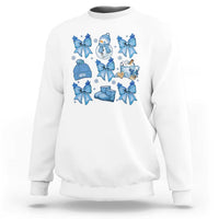 White Christmas sweatshirt with blue bow snowman and gift graphic, crew neck