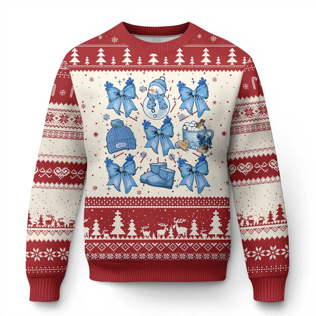 Red and cream ugly Christmas sweater with blue bow and snowman graphic, long sleeves