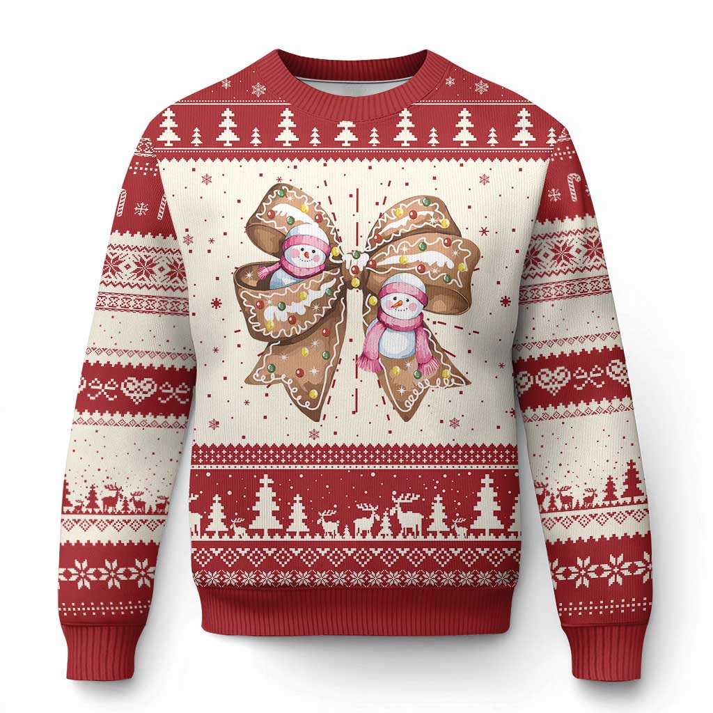 Red ugly Christmas sweater with gingerbread bow snowman front graphic and knit cuffs