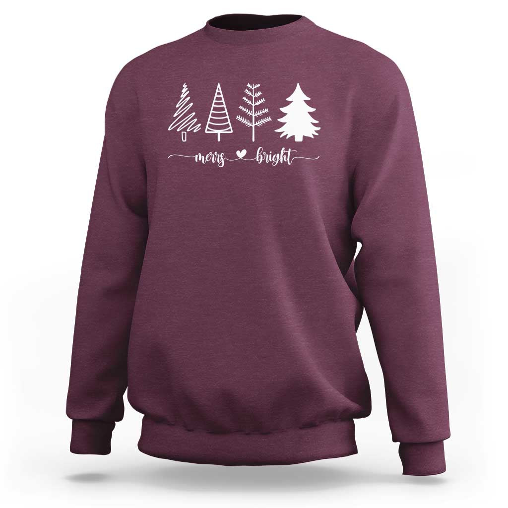 Maroon Christmas trees sweatshirt with “Merry & Bright” graphic