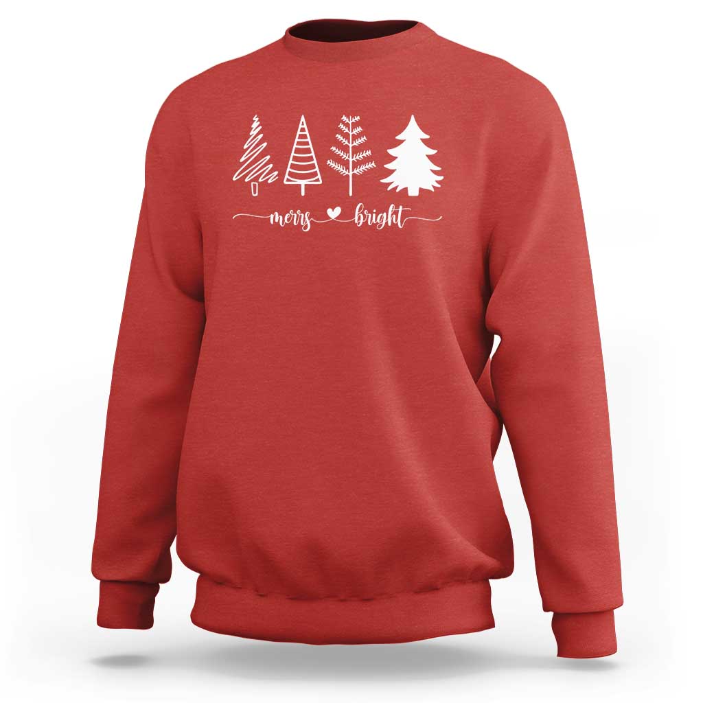 Red Christmas trees sweatshirt with “Merry & Bright” graphic