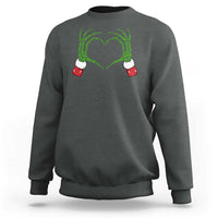 Dark heather gray sweatshirt with green skeleton-heart hands graphic on chest