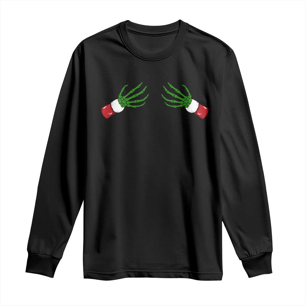 Black long-sleeve T-shirt with green skeleton hand graphic and red accents