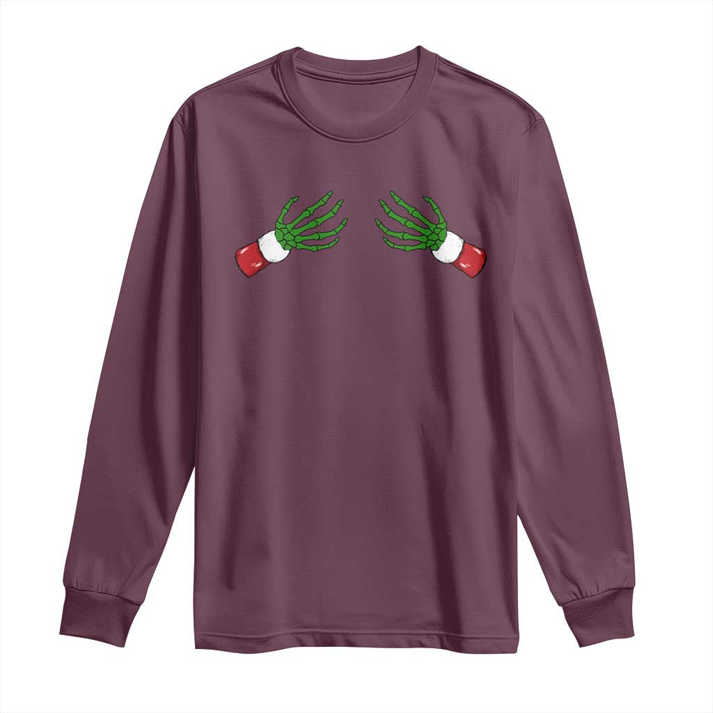 Maroon long-sleeve T-shirt with green skeleton hand graphic and red accents
