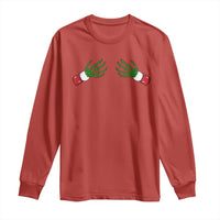 Red long-sleeve T-shirt with green skeleton hand graphic and red accents