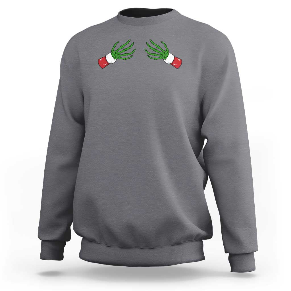 Women's Christmas sweatshirt in charcoal gray, graphic green skeleton hands