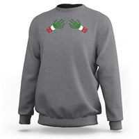 Women's Christmas sweatshirt in charcoal gray, graphic green skeleton hands