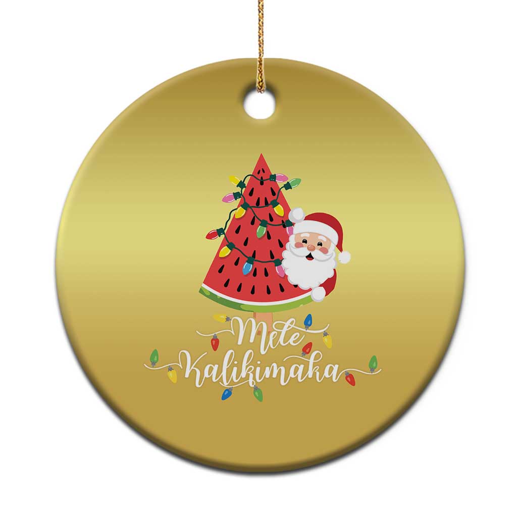 Gold round Hawaiian Christmas ornament with Santa, colorful tree, and Mele Kalikimaka