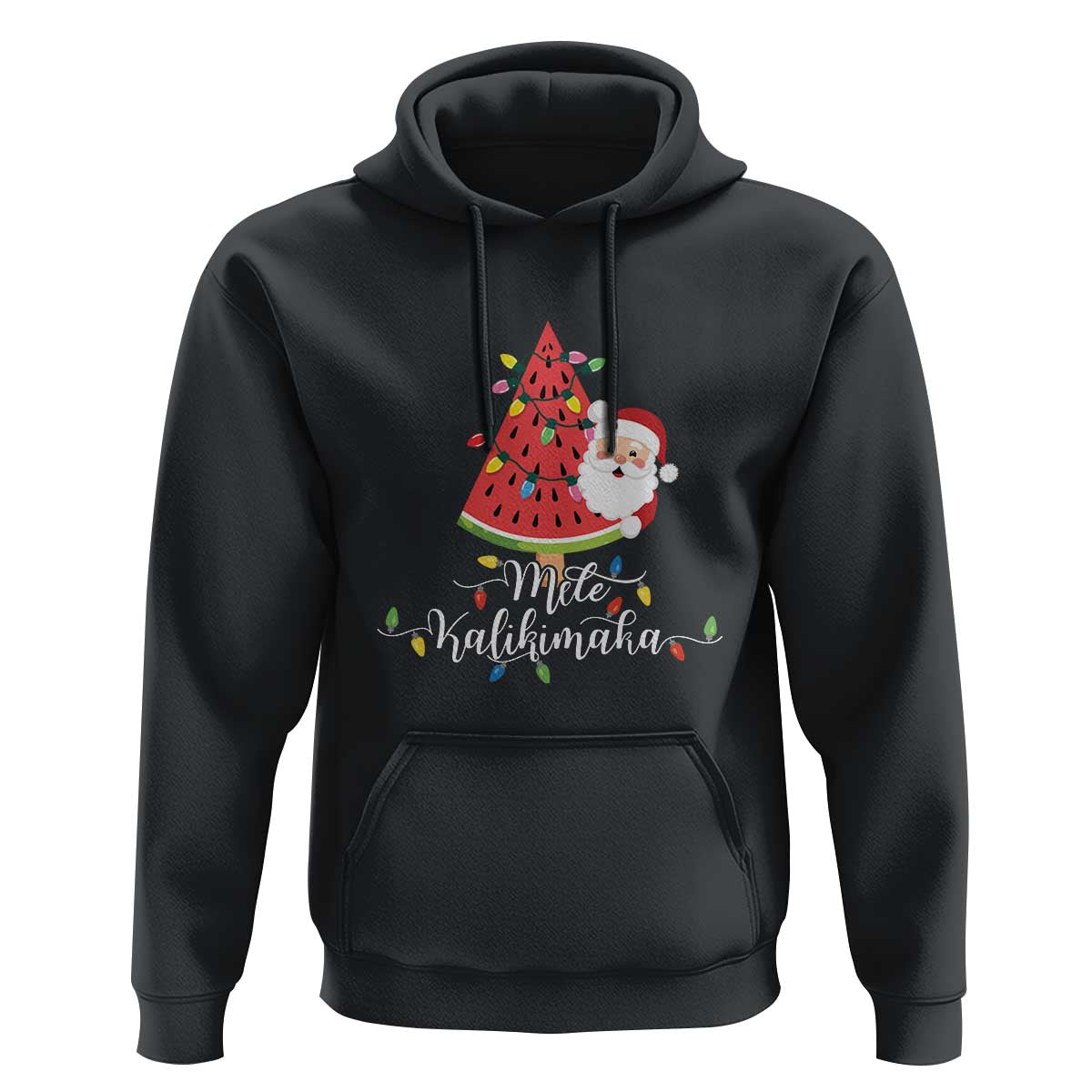 Black pullover hoodie with front pocket and drawstring; Santa and watermelon tree "Mele Kalikimaka".