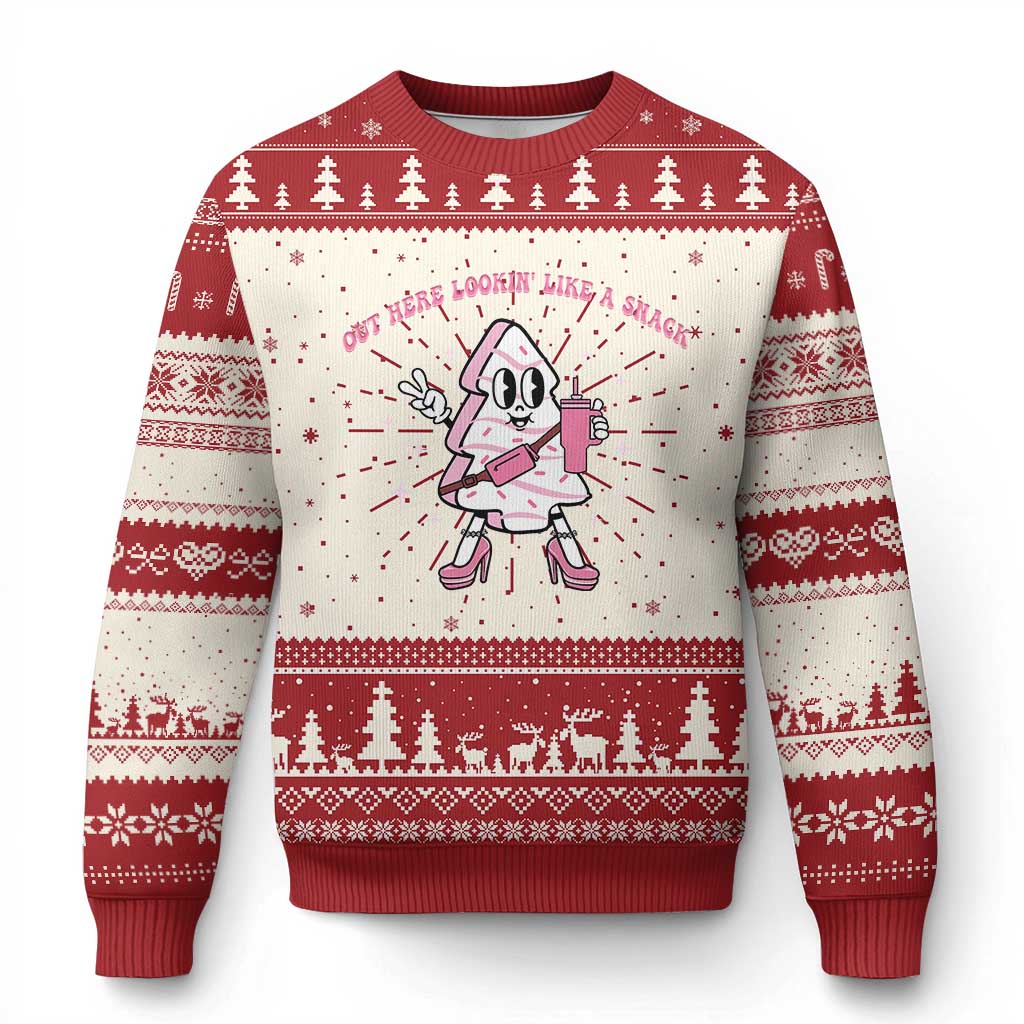 Christmas sweater, red-and-cream Fair Isle knit with cartoon character graphic