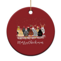 Red round Christmas ornament with Merry Chickmas chicken illustration