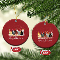 Set of two red round ornaments with Merry Chickmas chicken scene