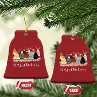 Set of two red bell ornaments with Merry Chickmas chicken illustration