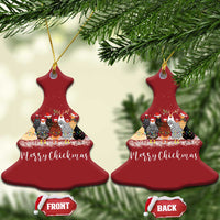 Pair of red bell ornaments with Merry Chickmas chicken scene