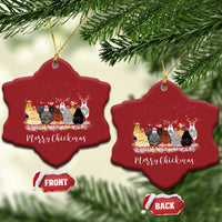Set of two red heart ornaments with Merry Chickmas chicken scene