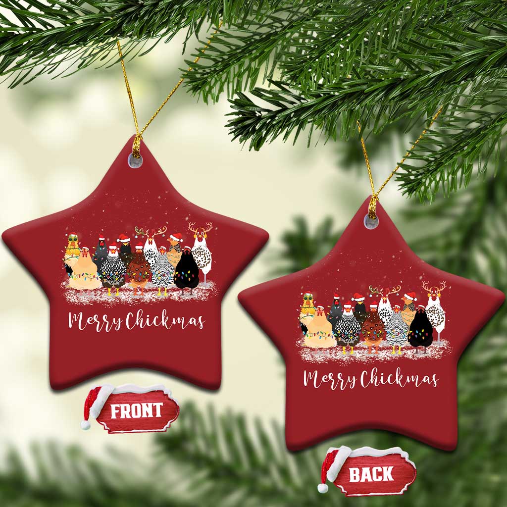 Pair of red star ornaments with Merry Chickmas chicken illustration