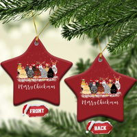 Pair of red star ornaments with Merry Chickmas chicken illustration