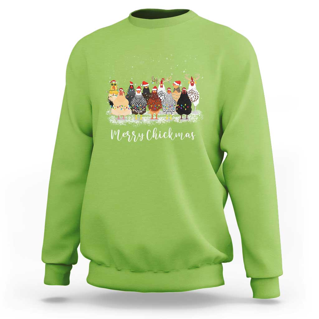 Lime green christmas chickens sweatshirt with festive rooster and chicken graphic, crew neck