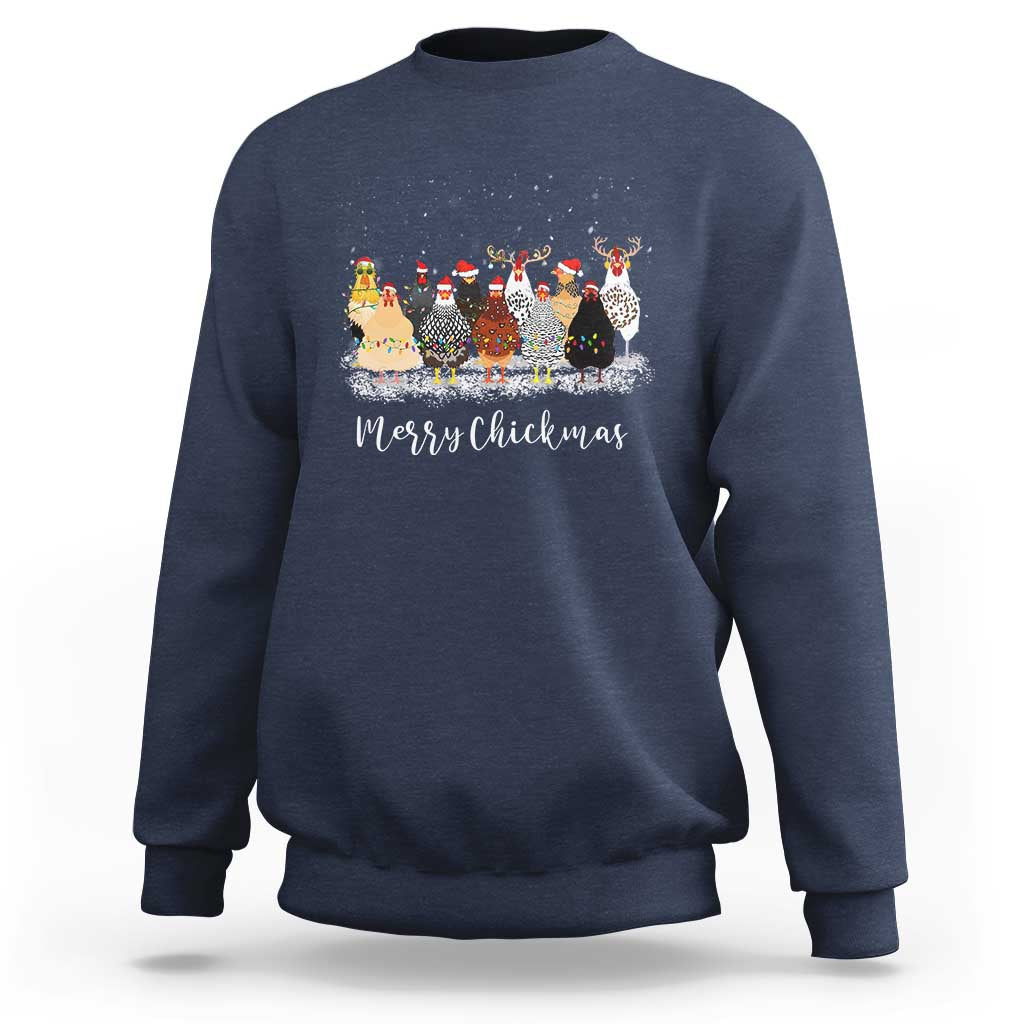 Navy christmas chickens sweatshirt with festive rooster and chicken graphic, crew neck