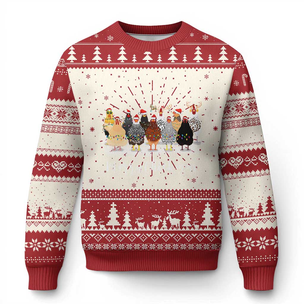 Red knit Christmas sweater with farm animal and tree Fair Isle pattern, crew neck