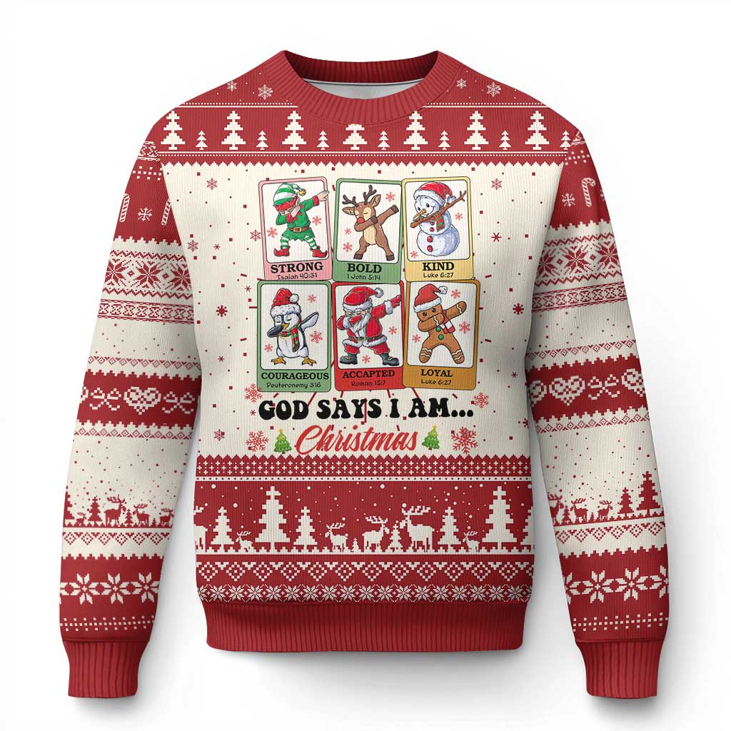 Red ugly Christmas sweater with festive center panel, holly trim, and knit cuffs