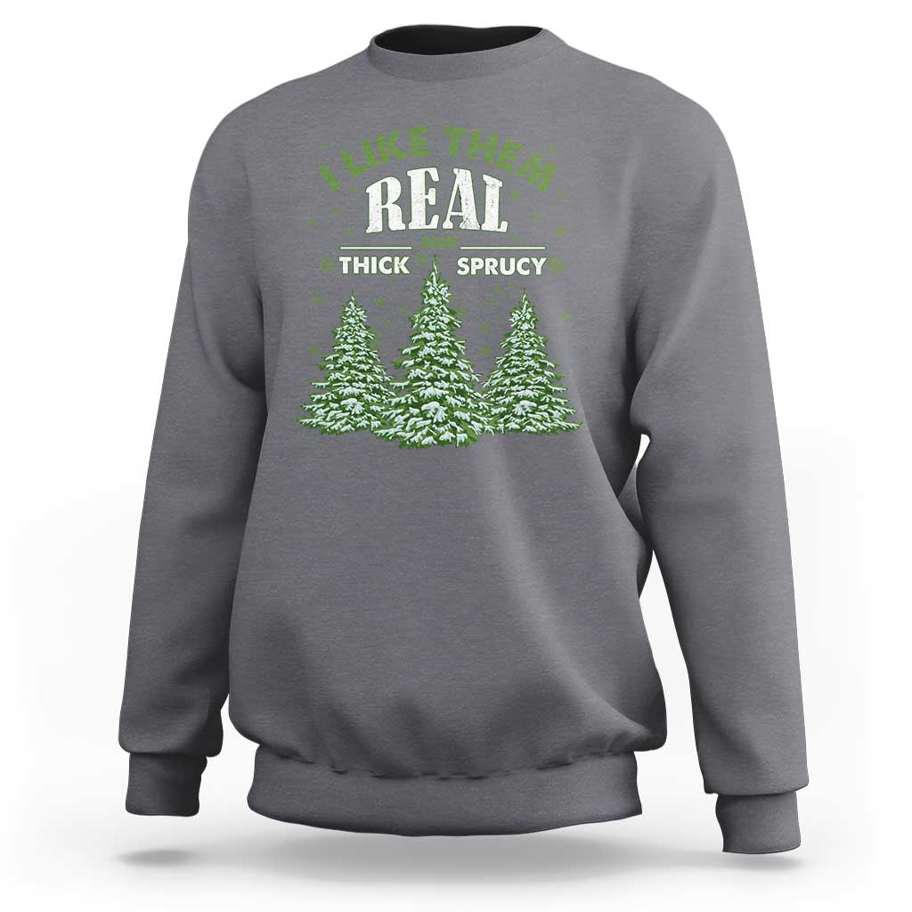 Medium gray Christmas sweatshirt with green fir tree graphic and festive text print on chest.