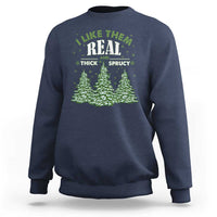 Navy Christmas sweatshirt with green fir tree graphic and festive text print on chest.