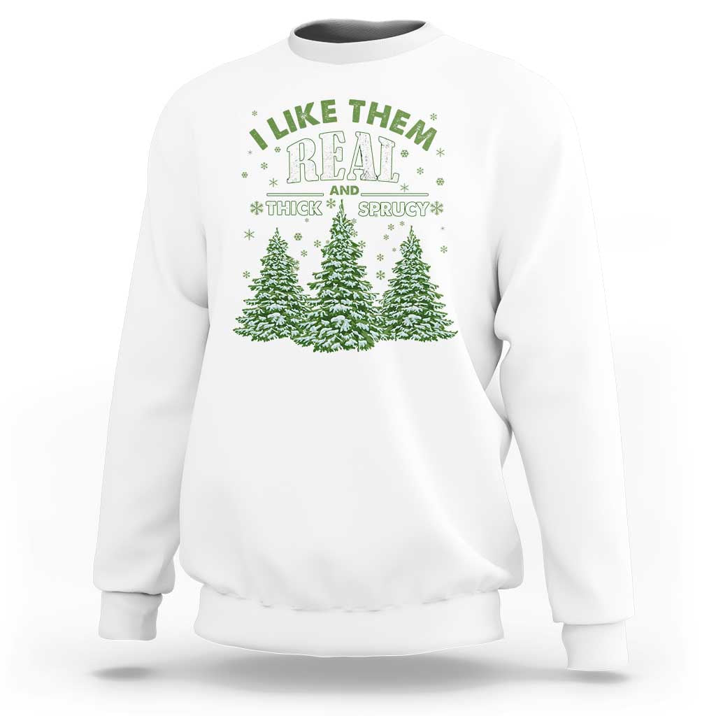 White Christmas sweatshirt with green fir tree graphic and festive text print on chest.