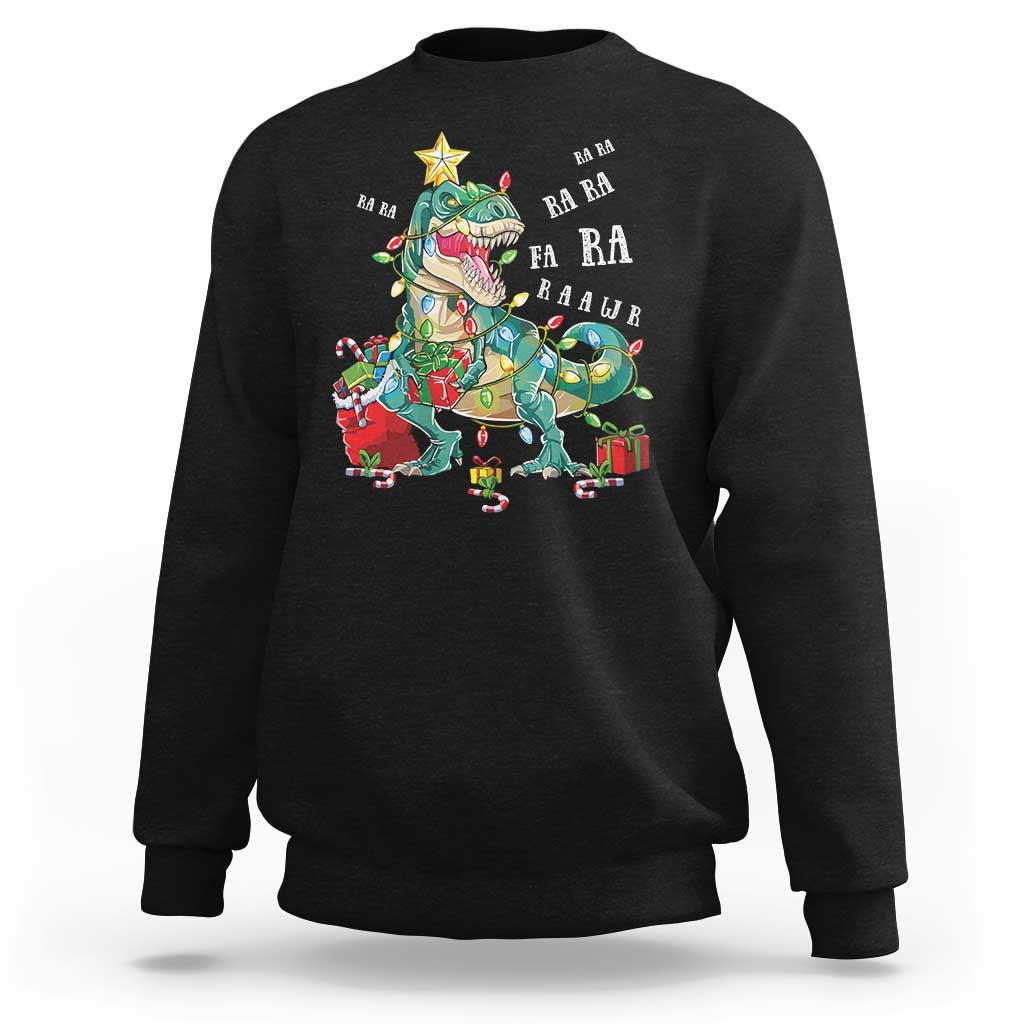 Black crewneck sweatshirt with colorful dinosaur Christmas lights graphic on chest