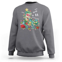 Charcoal gray crewneck sweatshirt with colorful dinosaur Christmas lights graphic on chest