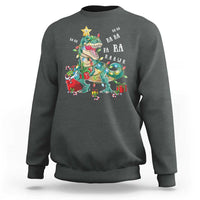 Dark heather crewneck sweatshirt with colorful dinosaur Christmas lights graphic on chest