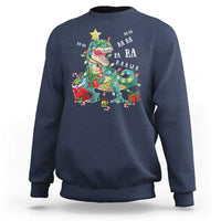 Navy crewneck sweatshirt with colorful dinosaur Christmas lights graphic on chest