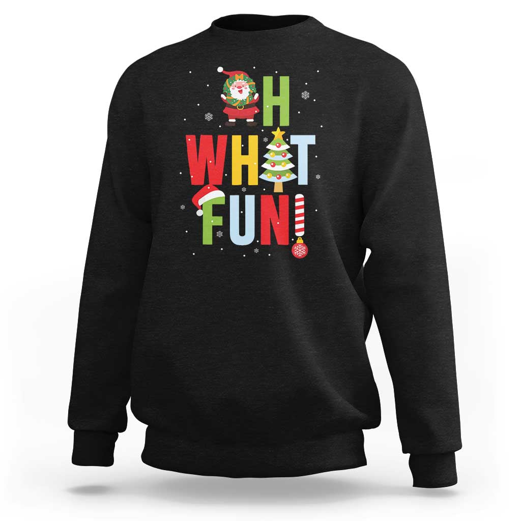 Black crewneck Christmas sweatshirt with Santa, “What Fun” text, and tree graphic