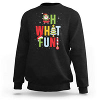 Black crewneck Christmas sweatshirt with Santa, “What Fun” text, and tree graphic