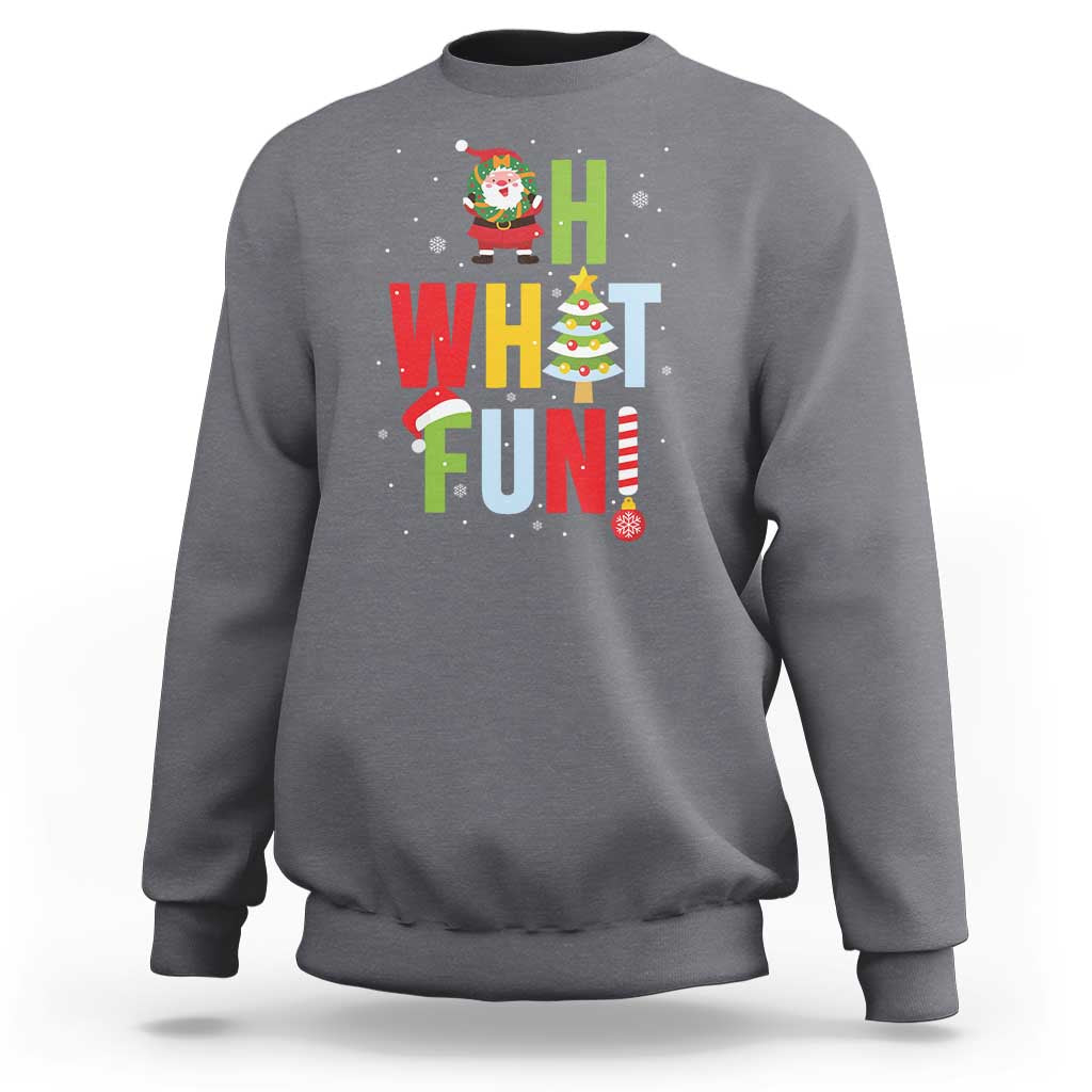 Charcoal gray crewneck Christmas sweatshirt with Santa, “What Fun” text, and tree graphic