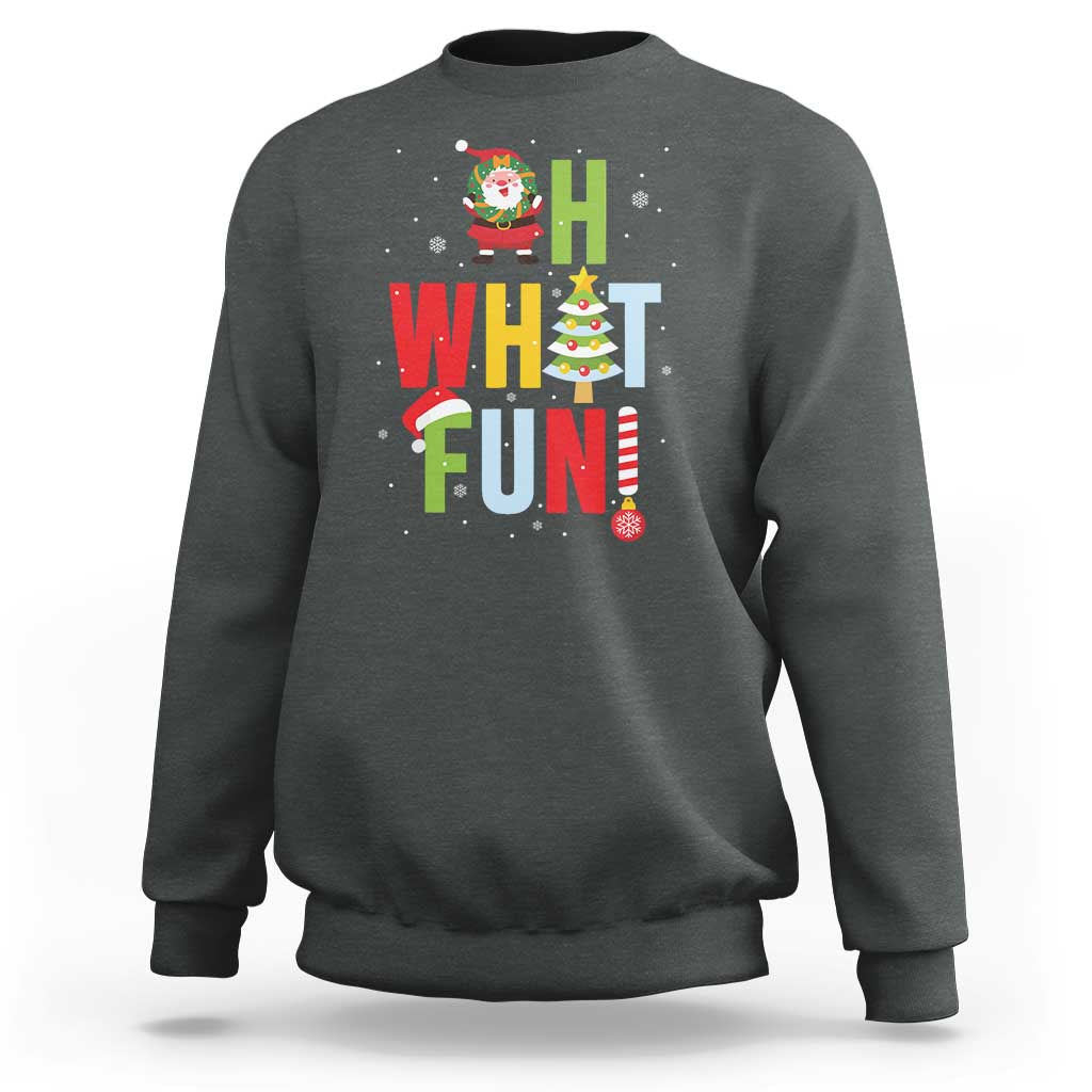 Dark heather gray crewneck Christmas sweatshirt with Santa, “What Fun” text, and tree graphic