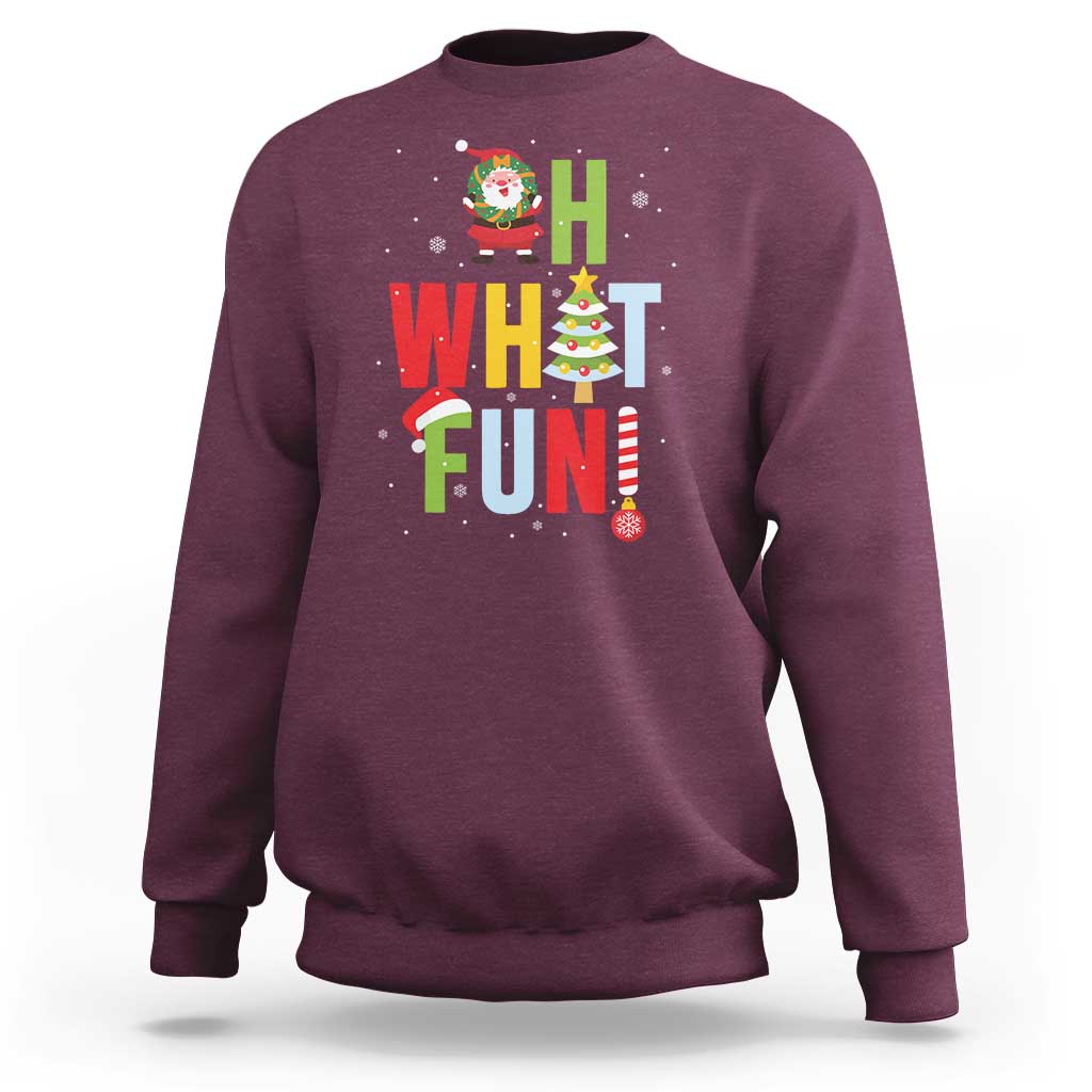 Maroon crewneck Christmas sweatshirt with Santa, “What Fun” text, and tree graphic