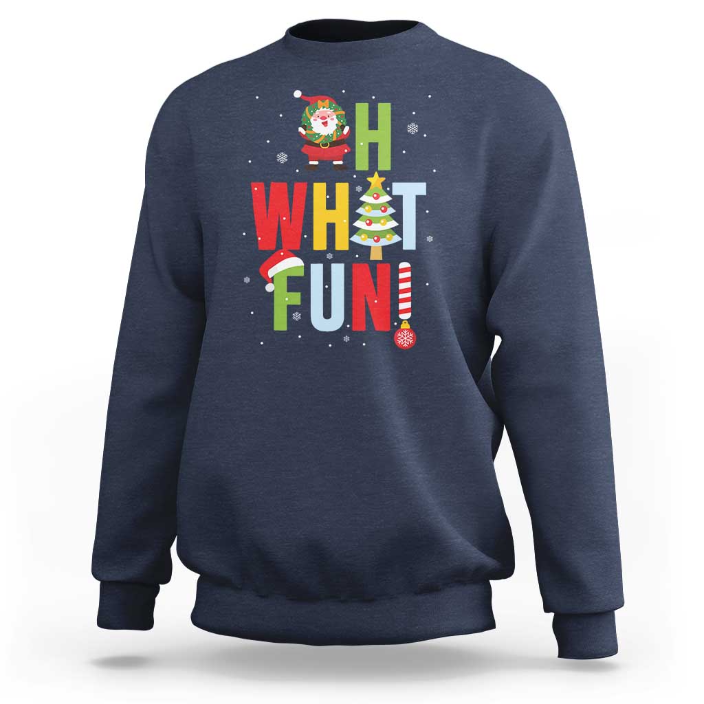 Navy crewneck Christmas sweatshirt with Santa, “What Fun” text, and tree graphic