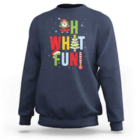 Navy crewneck Christmas sweatshirt with Santa, “What Fun” text, and tree graphic