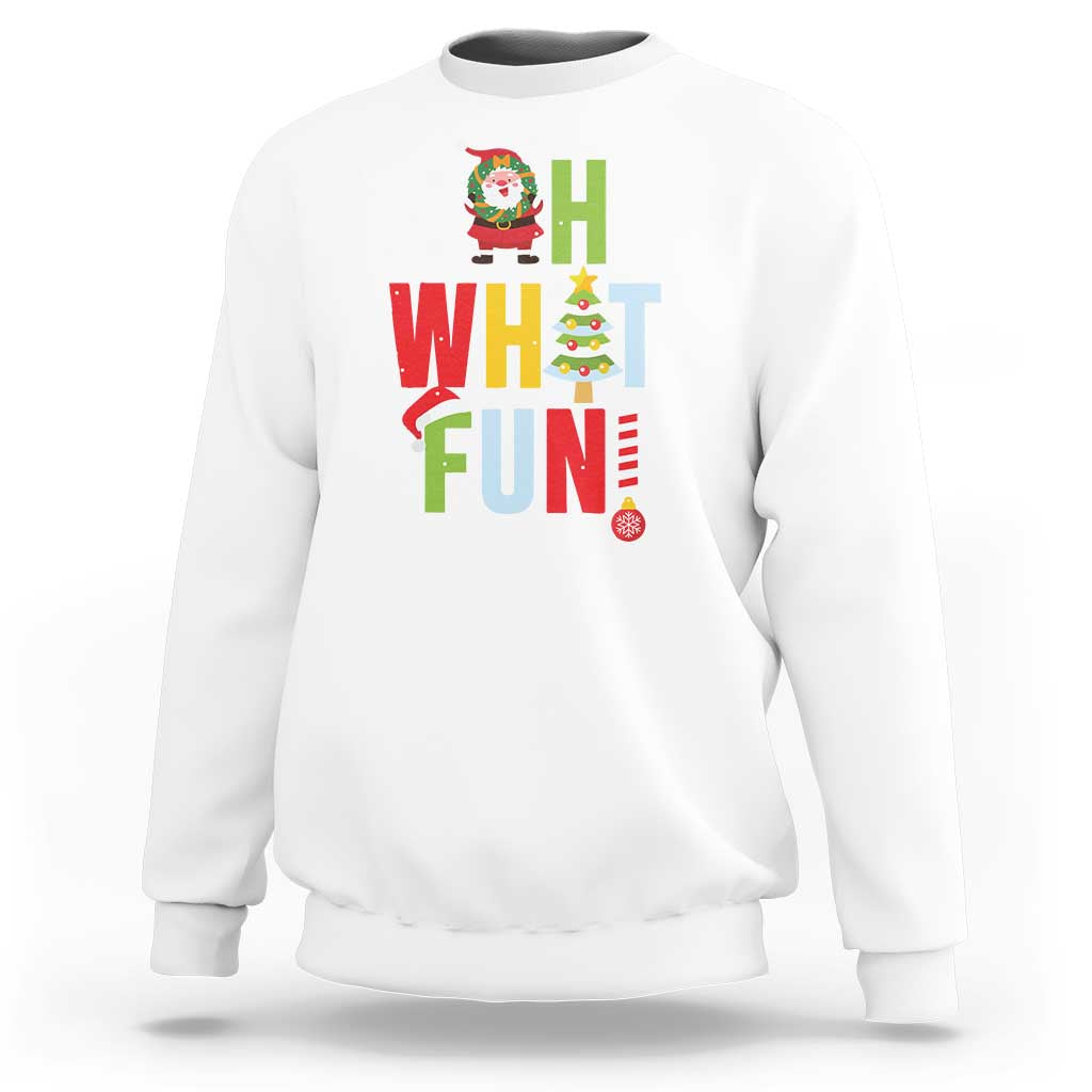 White crewneck Christmas sweatshirt with Santa, “What Fun” text, and tree graphic