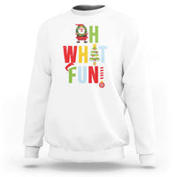 White crewneck Christmas sweatshirt with Santa, “What Fun” text, and tree graphic