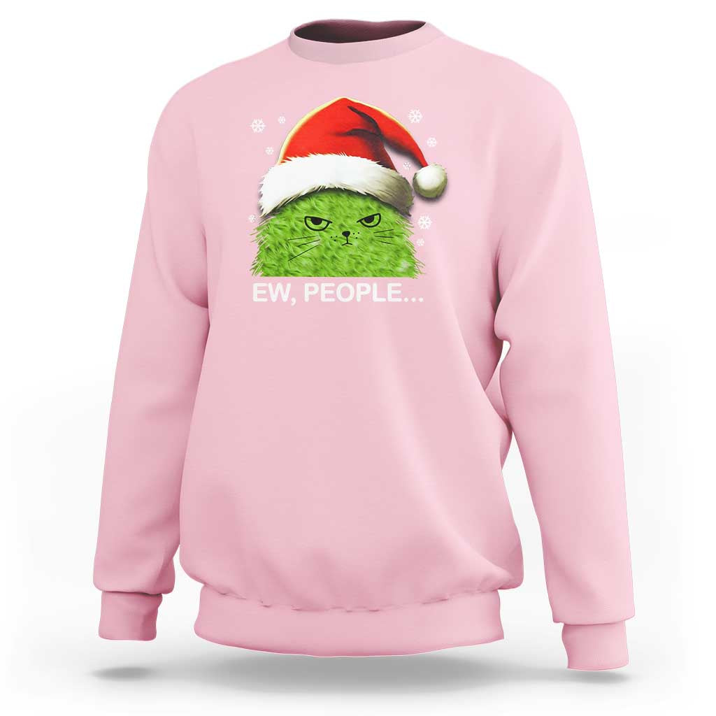 Light pink crewneck sweatshirt with green cat wearing Santa hat and 'EW, PEOPLE...' graphic