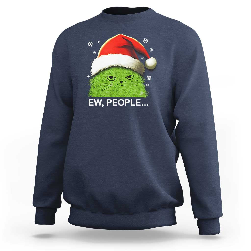 Navy crewneck sweatshirt with green cat wearing Santa hat and 'EW, PEOPLE...' graphic