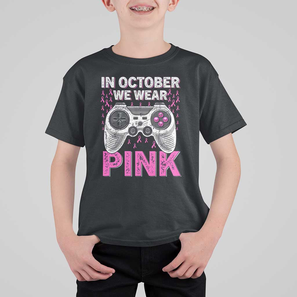 In October We Wear Pink Breast Cancer Awareness T Shirt For Kid Pink Ribbon Gaming Kids Boys Youth Video Game - Wonder Print Shop