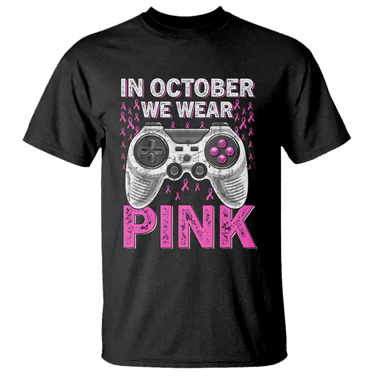 In October We Wear Pink Breast Cancer Awareness T Shirt Pink Ribbon Gaming Kids Boys Youth Video Game - Wonder Print Shop