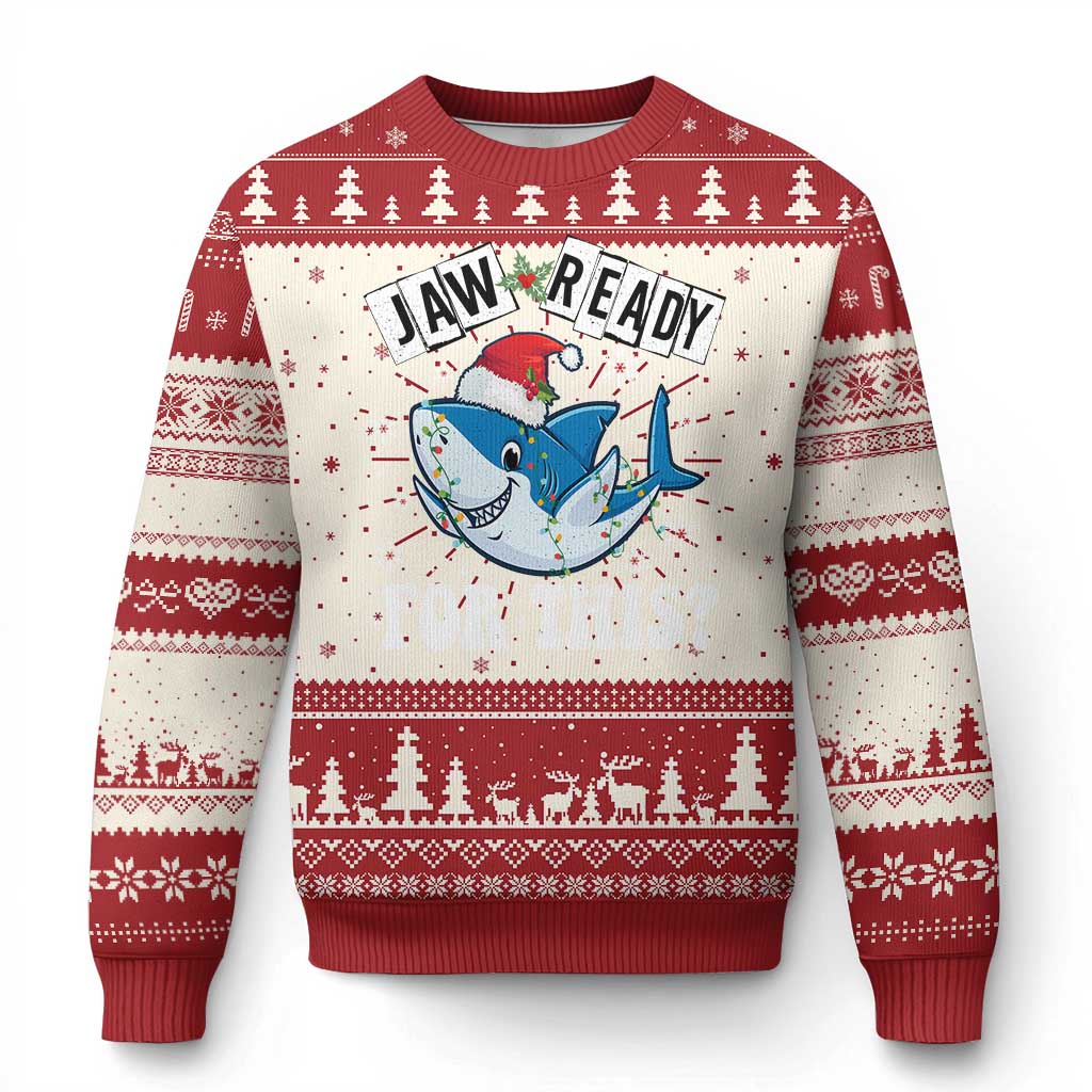 Red Christmas sweater with shark graphic, 'JAW READY', and holiday fair isle pattern
