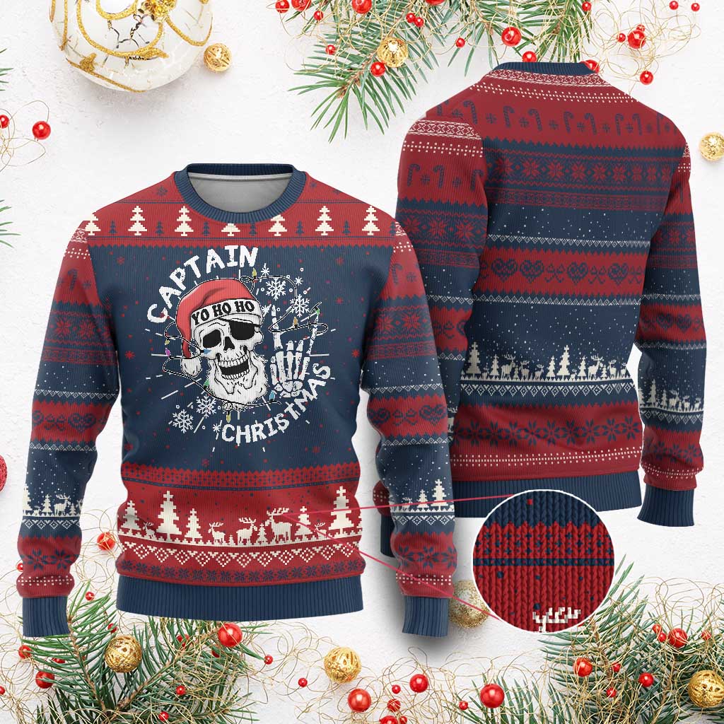 Pirate Xmas Ugly Christmas Sweater Skull Skeleton Lights Pirates Caribbean Cruise - Wonder Print Shop