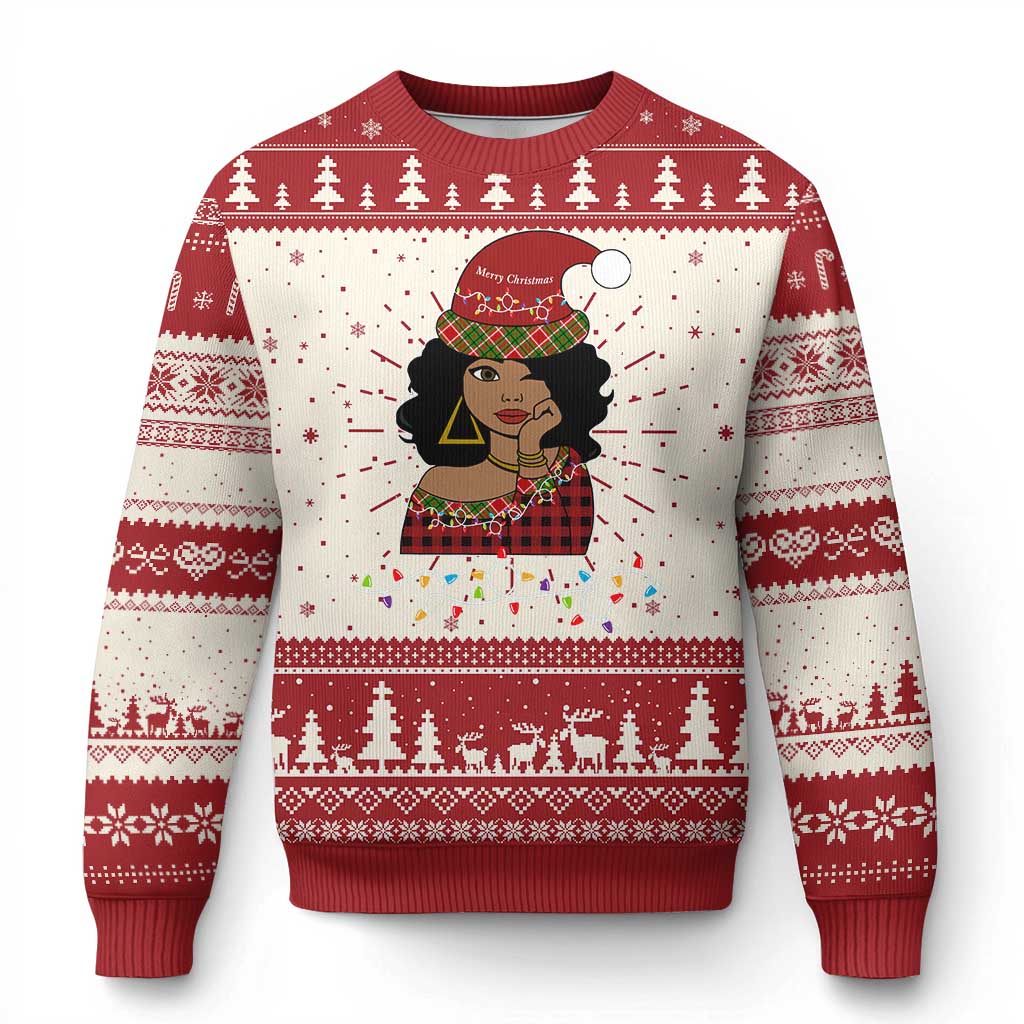 Red and white Christmas sweater with central woman graphic and holiday tree pattern.
