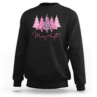 Black crewneck sweatshirt with pink leopard tree graphic and “Merry flit” text