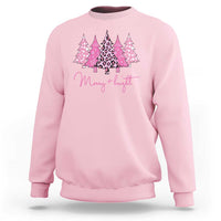 Light pink crewneck sweatshirt with pink leopard tree graphic and “Merry flit” text